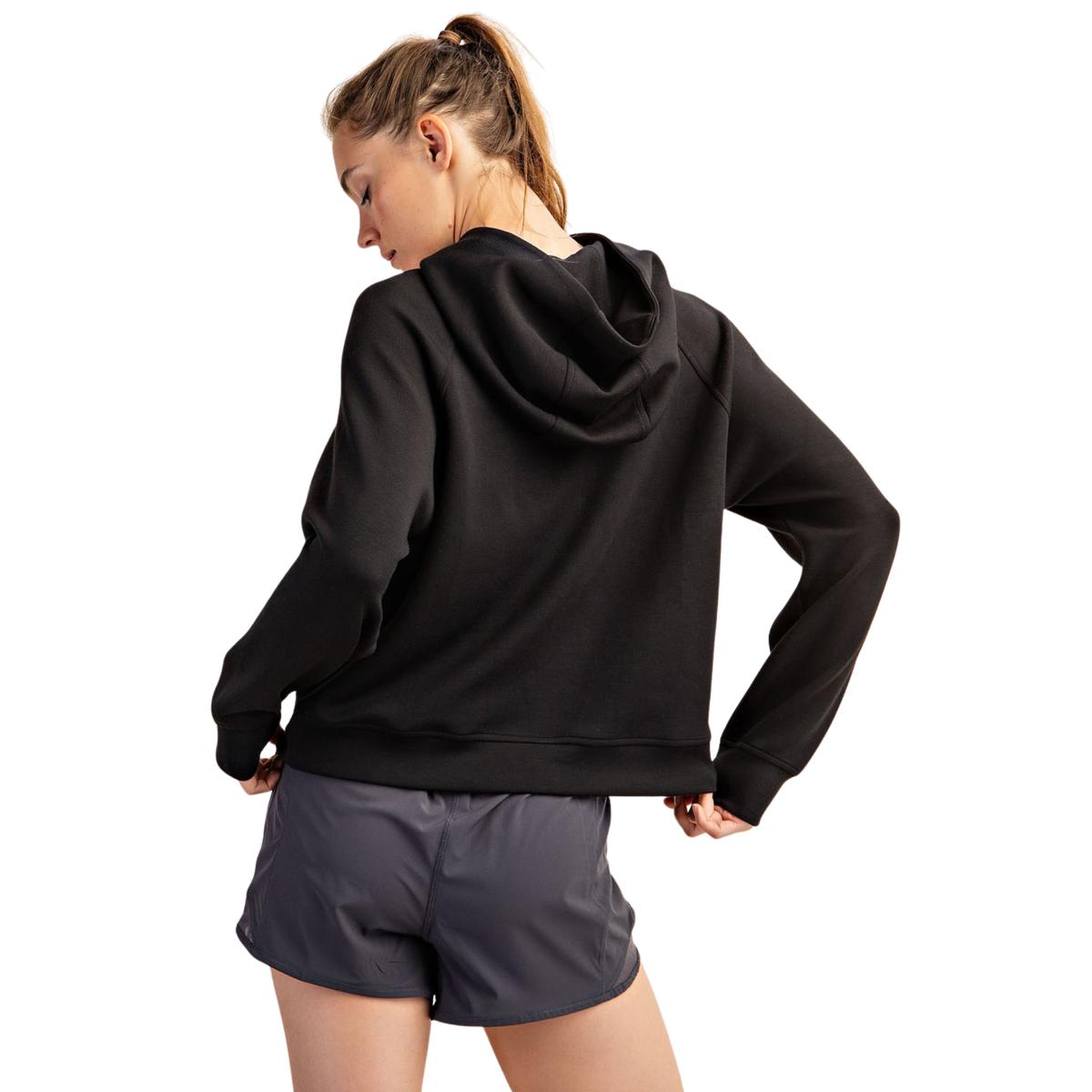 Elevate your casual wardrobe with this Modal Scuba Quarter Zip Hoodie from Rae Mode. Crafted from soft, breathable modal fabric, this black long-sleeve hoodie combines comfort with contemporary style. The quarter-zip design offers versatile layering options, making it perfect for cool days or as a lightweight mid-layer. Whether you're relaxing at home or stepping out for errands, this hoodie delivers effortless comfort and a polished look.