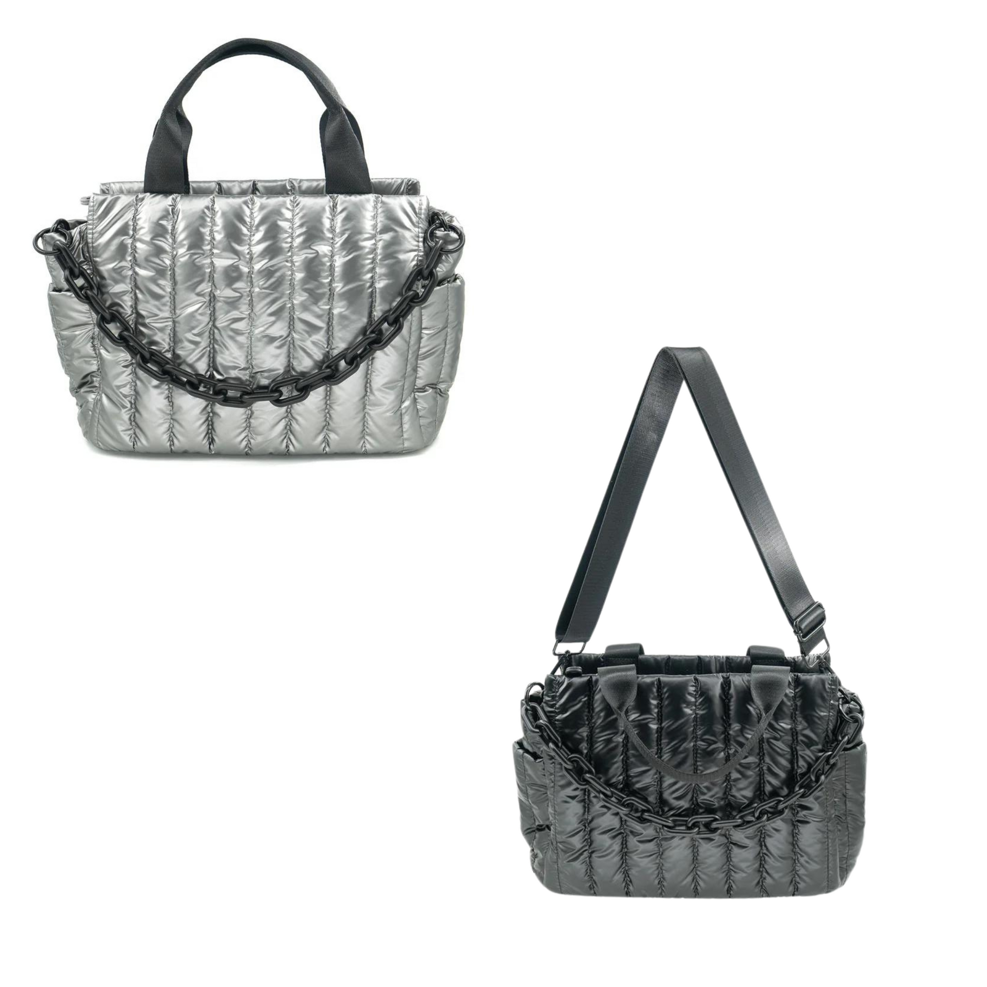 This quilted bag is available in pewter or black and features a sophisticated quilted design. Perfect for everyday use, this small bag adds a touch of elegance to any outfit. Elevate your style with this chic and versatile accessory.