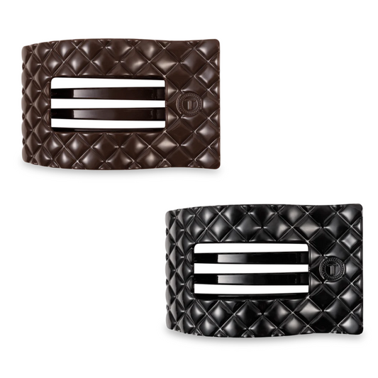 Lean back and relax- comfort just gt a new shape. Introducing, the Teleties Quilted Medium Flat Rectangle Hair Clip. Joining the original round and square styles, this elevated rectangular design offers the same flat-back comfort and stronghold Teleties is known for- now with a sleek modern style. Available in Black and Taupe