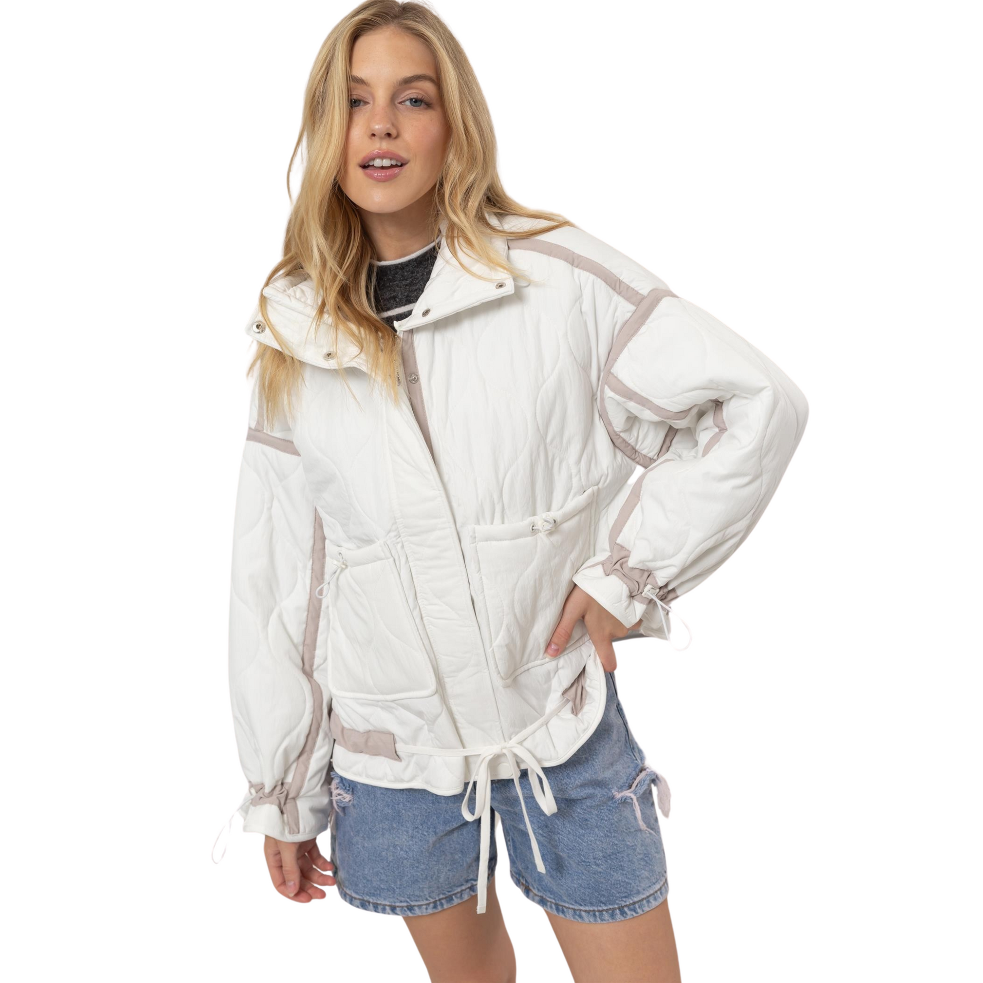 This Quilted Puffer Jacket Features A Stand Collar, Drop Shoulders, Long Sleeves And Front Pockets To Keep Your Essentials At Hand. The Figure-Flattening Bodice Has A Hidden Snap Button Placket And Toggle Drawstring At The Cuffs, Hem And Pockets.