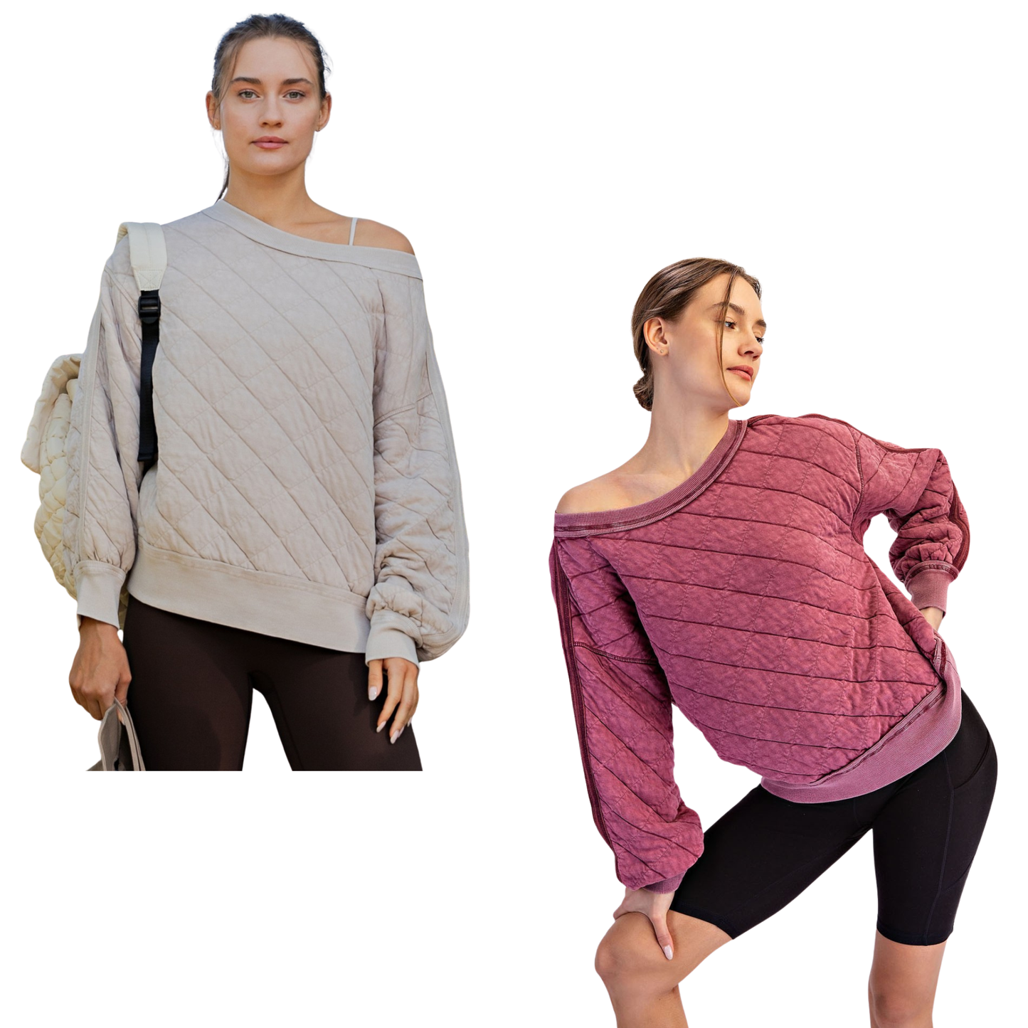 Effortless style meets comfort in this Rae Mode quilted pullover. Featuring an off-the-shoulder design and mineral-washed finish for a relaxed, lived-in look. The quilted texture adds dimension and warmth without bulk. Available in beige, taupe, or wine to complement any wardrobe. Perfect for layering or wearing solo.
