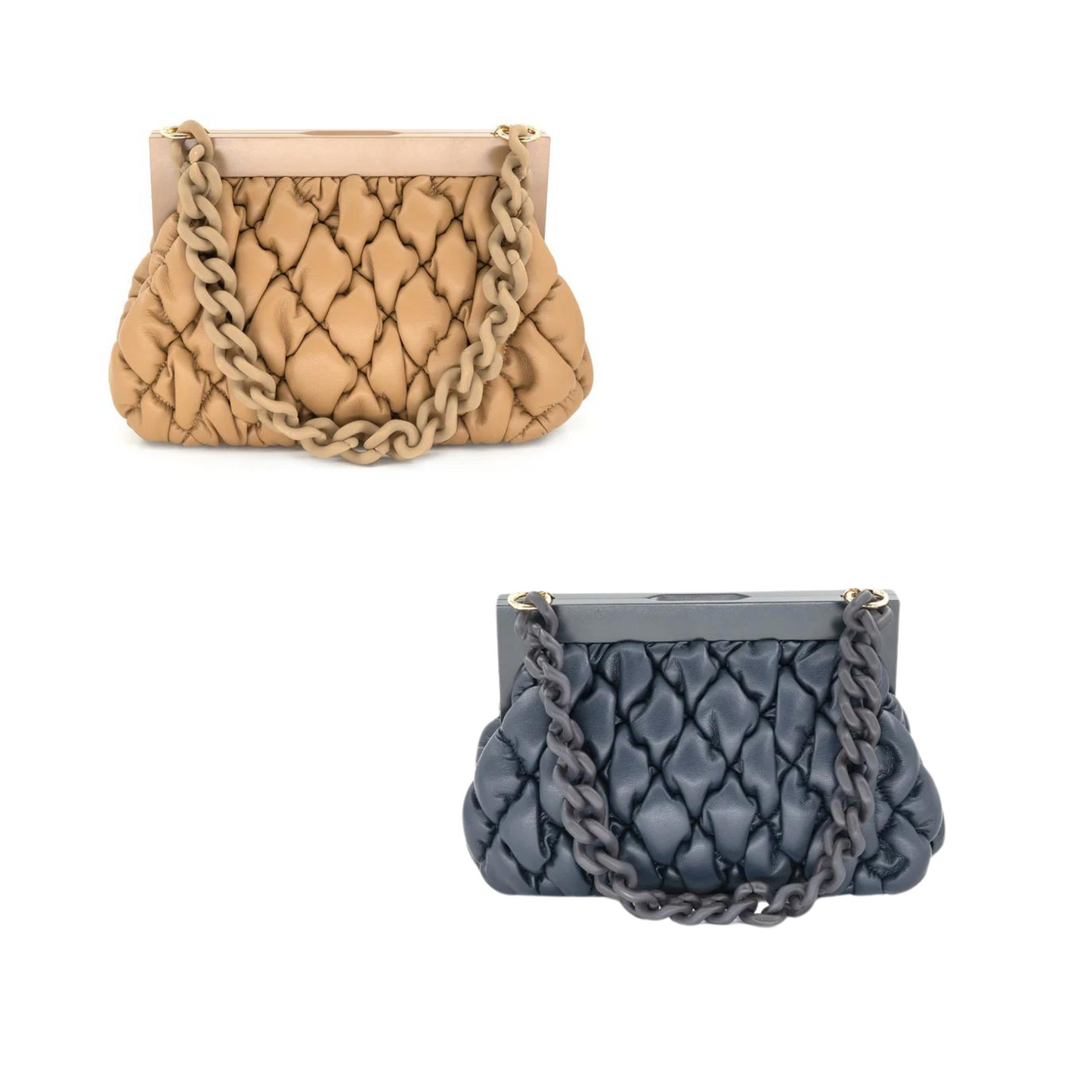 The Quilted Puff Bag by BC Bags combines style and function with a small size for everyday use, a magnetic closure for added security, and a faux chain strap for a touch of elegance. Available in both navy and beige, this bag is a versatile addition to any wardrobe.