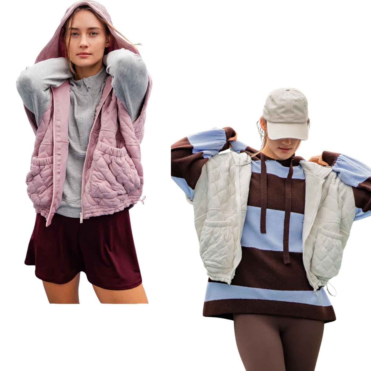 Stay warm and stylish with this quilted hoodie vest from Rae Mode. Featuring a cozy hood and lightweight quilted construction, it's perfect for layering on cooler days. The versatile design pairs effortlessly with your favorite outfits for a casual, put-together look. Available in timeless bone or soft mauve to match your personal style.