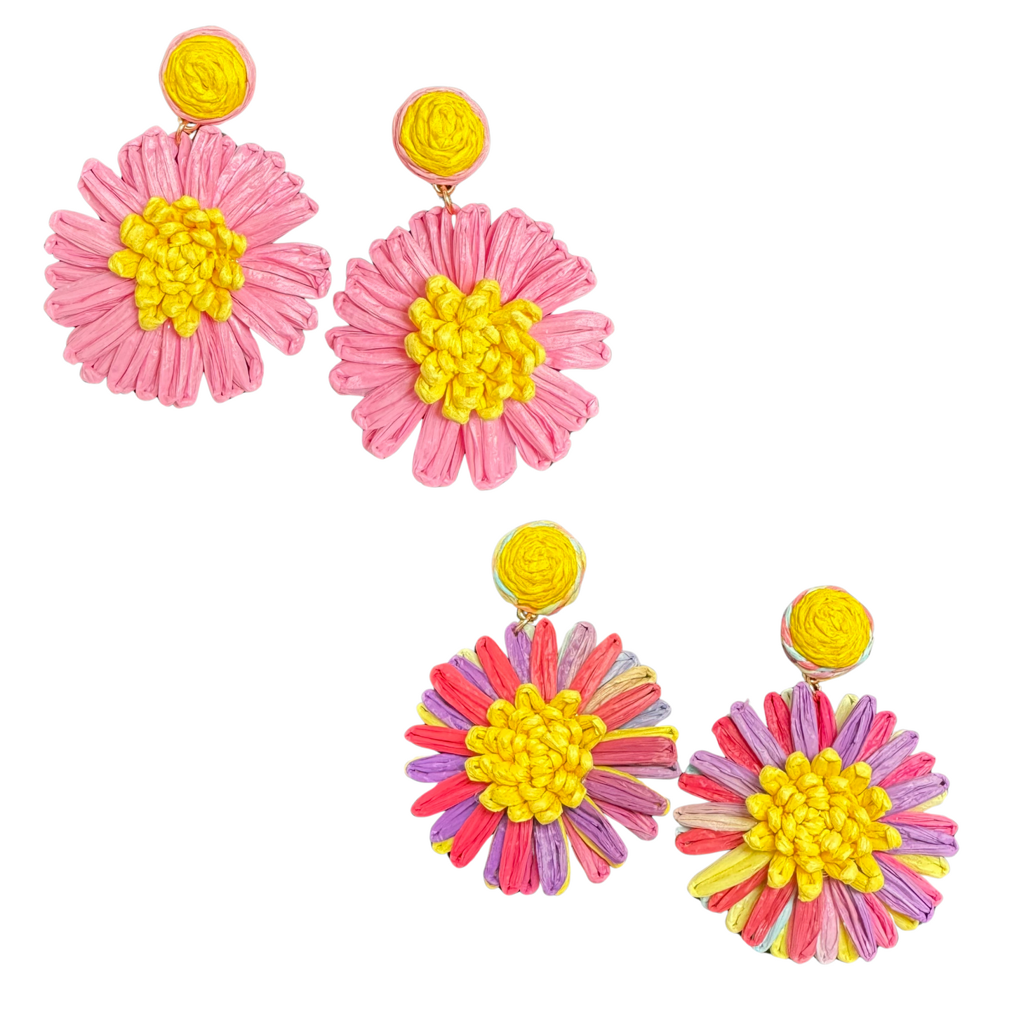 Add a touch of spring to your jewelry collection with our elegant Raffia Flower Earrings. Available in pink or multicolor, these dangle earrings feature delicate raffia flowers for a feminine and stylish look. Perfect for any occasion, these earrings bring a pop of color and natural beauty to any outfit.