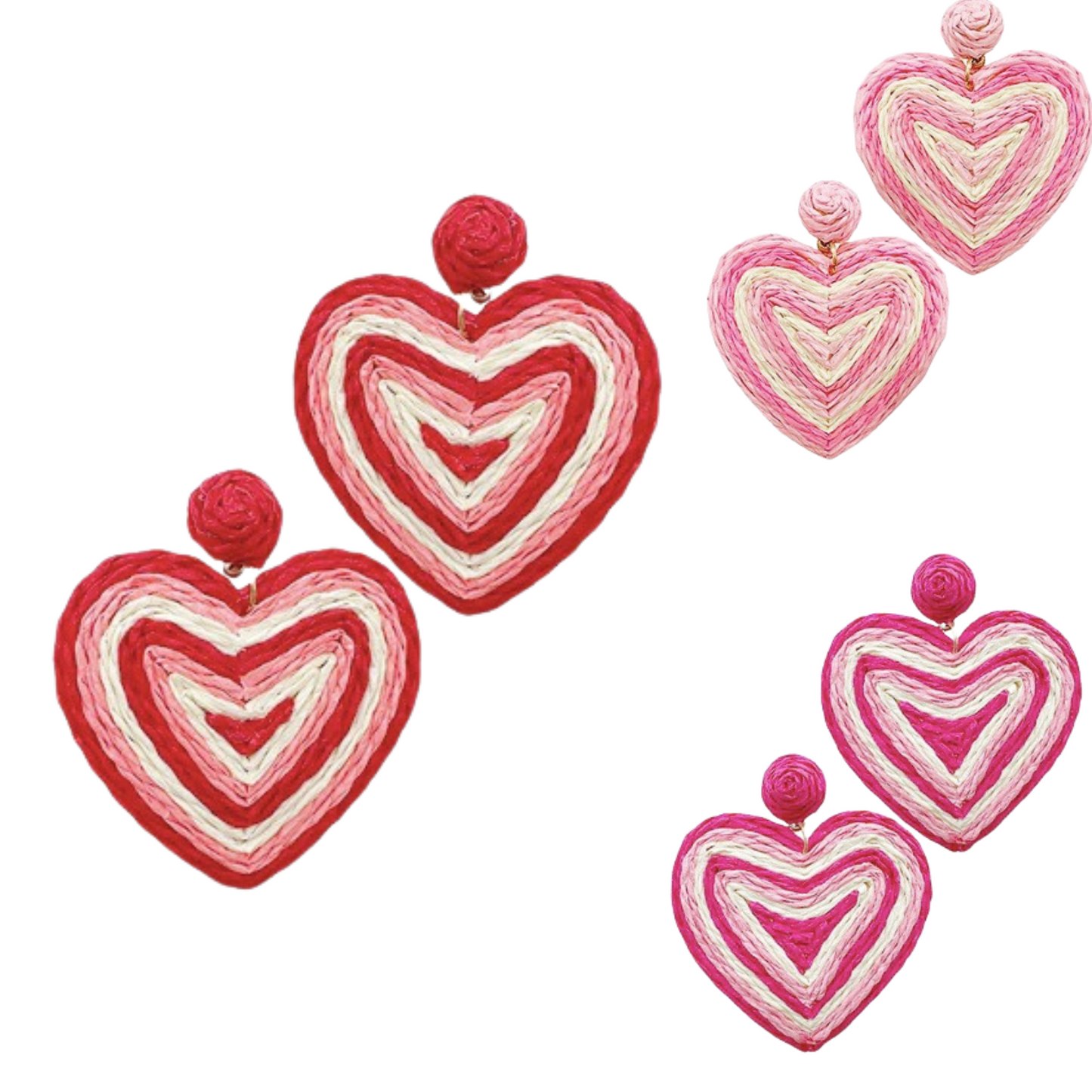 Add a touch of romance with our raffia wrapped heart earrings, perfect for Valentine's Day. Available in vibrant fuchsia, pretty pink, or passionate red. Hand-crafted in a heart shape, these earrings are a unique and stylish way to show your love.