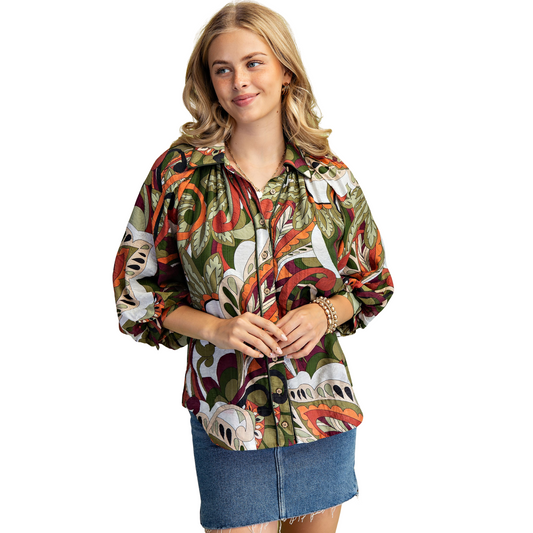 Elevate your wardrobe with the GiGio Raglan Puff Sleeve Top, featuring a sophisticated olive mix floral pattern. This button-down design blends classic tailoring with modern style, highlighted by elegant puff sleeves that add a stylish volume to your silhouette. Perfect for both casual and dressed-up occasions, this top offers a unique combination of comfort and refined fashion expertise.