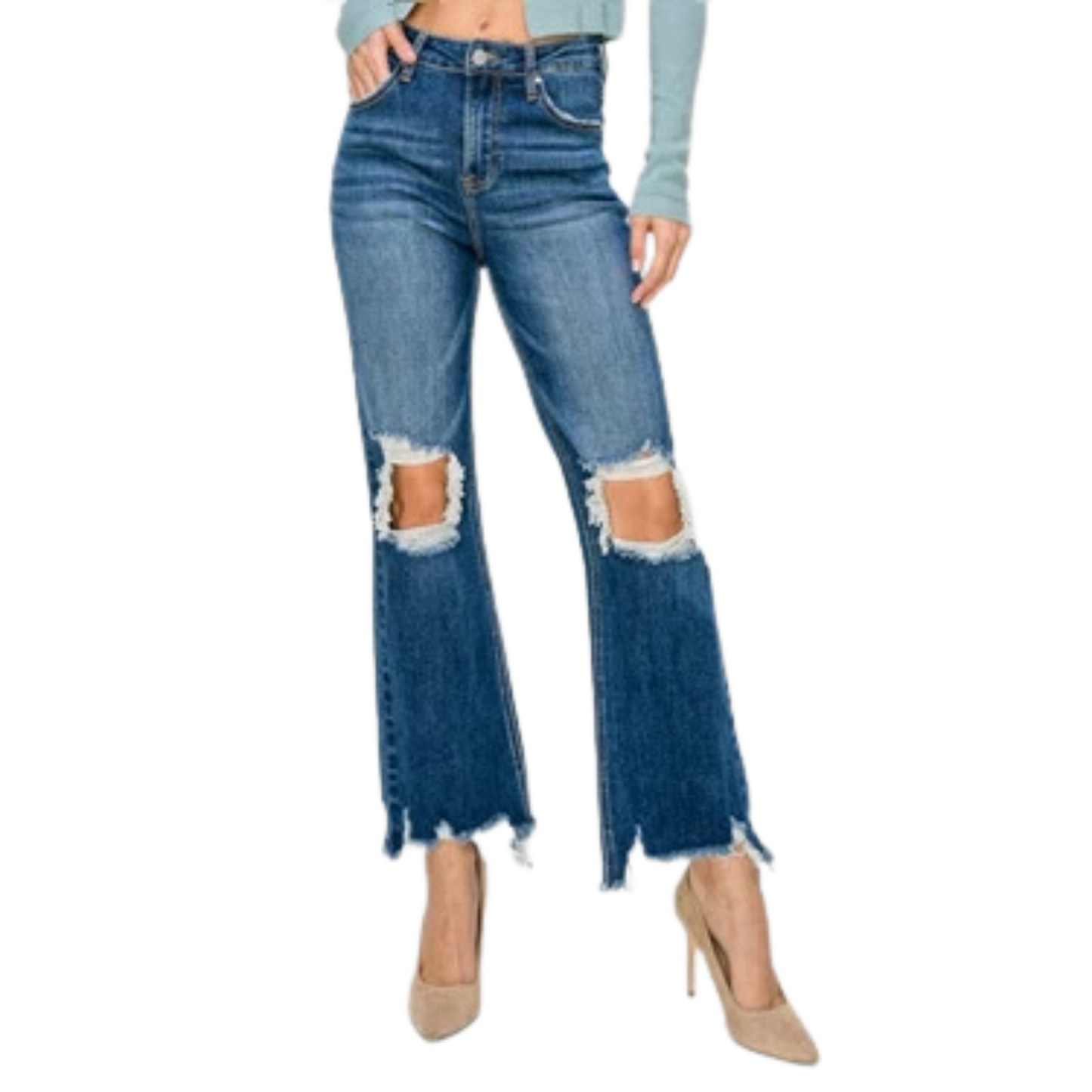 Upgrade your jeans game with our High Rise Crop Distressed Straight. Made from dark denim, these jeans offer both comfort and style with their stretchy, high-rise fit. The distressed design adds a touch of edginess to your look. Elevate your wardrobe with this versatile and on-trend piece.&nbsp;