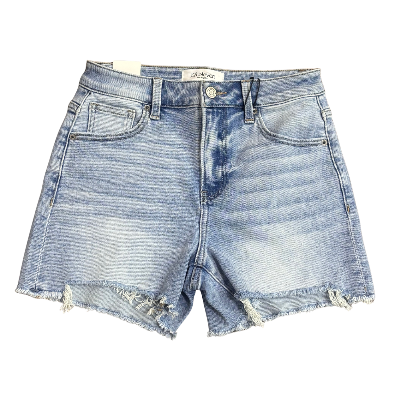 Mid-rise raw hem shorts in a crisp light wash. Crafted by J21 Eleven, these shorts offer a relaxed yet polished look with an unfinished hem that adds contemporary edge. The mid-rise cut provides comfortable everyday wear while maintaining a flattering silhouette. Perfect for casual styling with tees, tanks, or layered pieces.