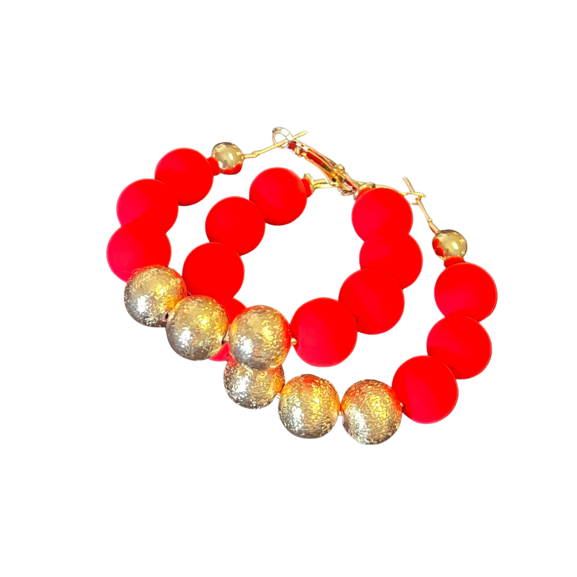 red beaded hoop earrings with gold accents