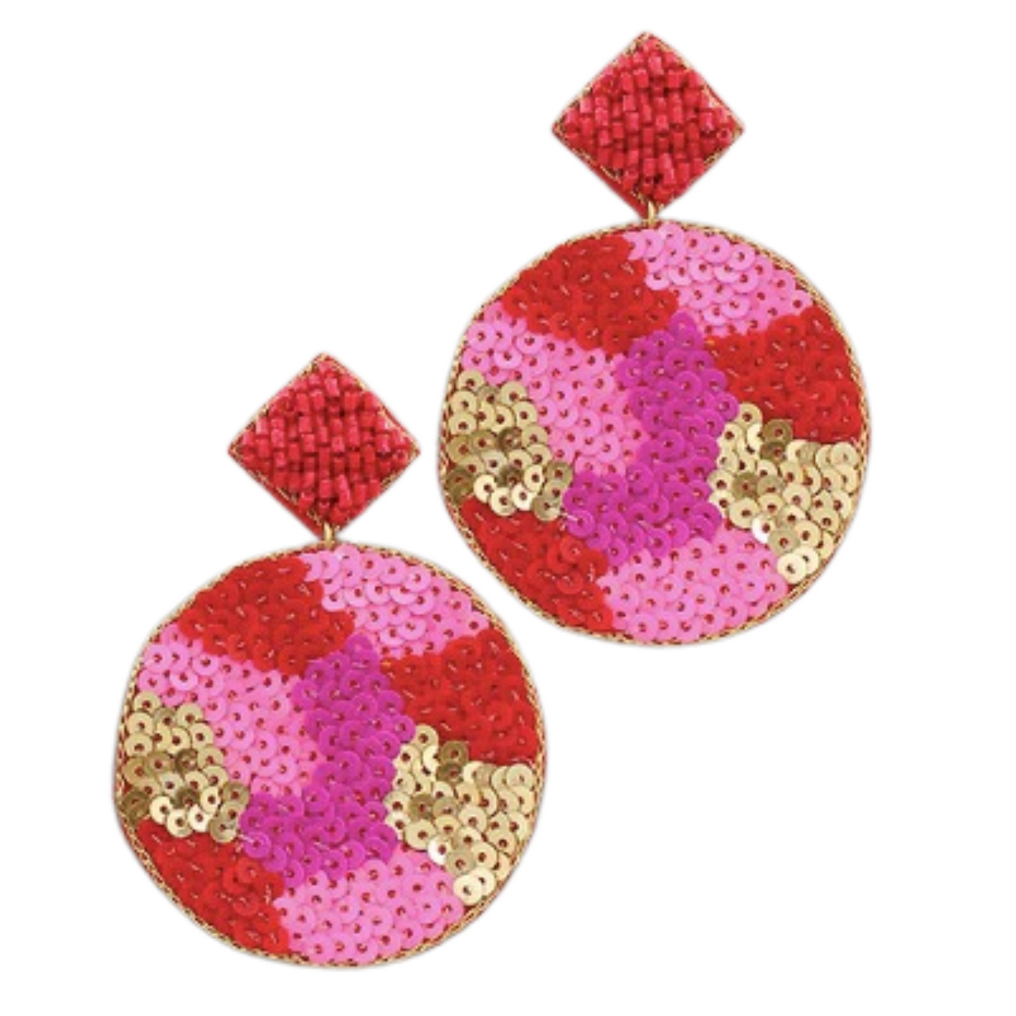 Upgrade your earring game with our red camo Sequin Disc Earrings. The dazzling dangle design adds the perfect touch of sparkle to any outfit. Stand out from the crowd and turn heads with these unique and stylish earrings.