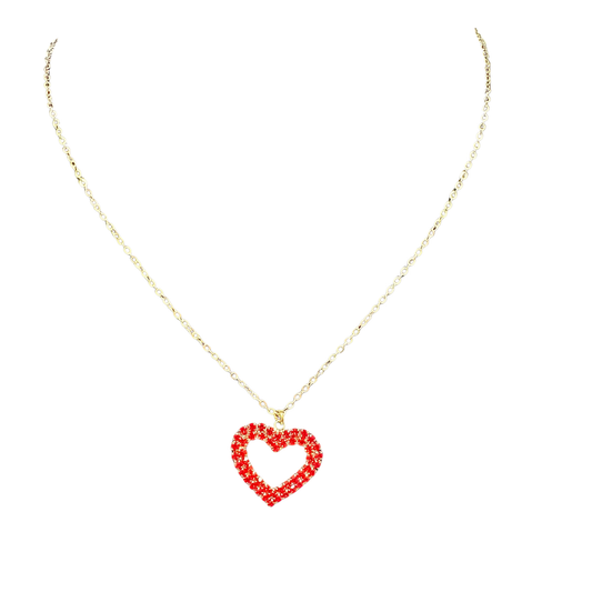 Elevate your jewelry collection with this striking red heart pendant from Perdido Gems. The vibrant crimson stone is beautifully framed by shimmering rhinestone accents that catch the light with every movement. Designed as a short necklace, it sits perfectly at the collarbone for an elegant, understated statement. Whether worn daily or reserved for special occasions, this piece combines timeless romance with contemporary sophistication. A versatile addition to any wardrobe.