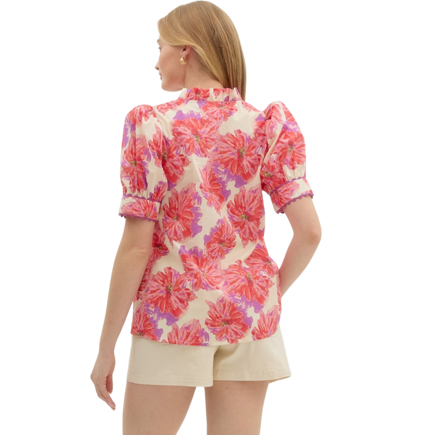 Introducing our Floral Print Puff Sleeve Top, a must-have for any fashion-forward individual. The short band puff sleeves, ruffle accented v-neck, and ric rac trim accent create a playful yet chic look. Made from lightweight, non-sheer woven fabric, this top is perfect for any occasion. Elevate your wardrobe with this beautiful floral print top.