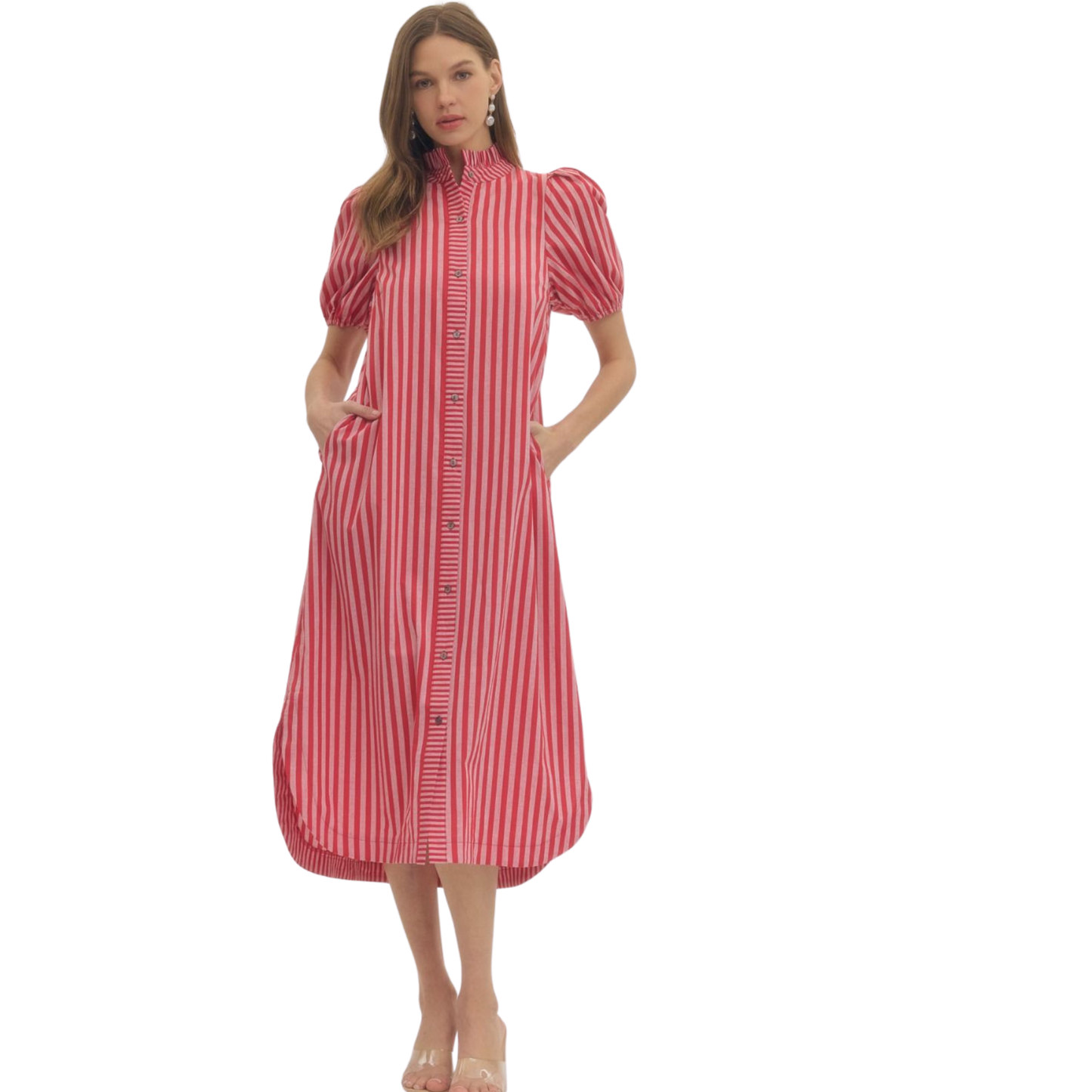 Elevate your wardrobe with this stunning Entro puff sleeve midi dress. The classic red and white striped pattern brings timeless charm, while the flattering puff sleeves add a touch of feminine elegance. The button-up front allows for easy styling versatility, and the midi length offers a sophisticated silhouette perfect for any occasion. Whether you're dressing up for brunch or a casual day out, this dress combines comfort with contemporary style.