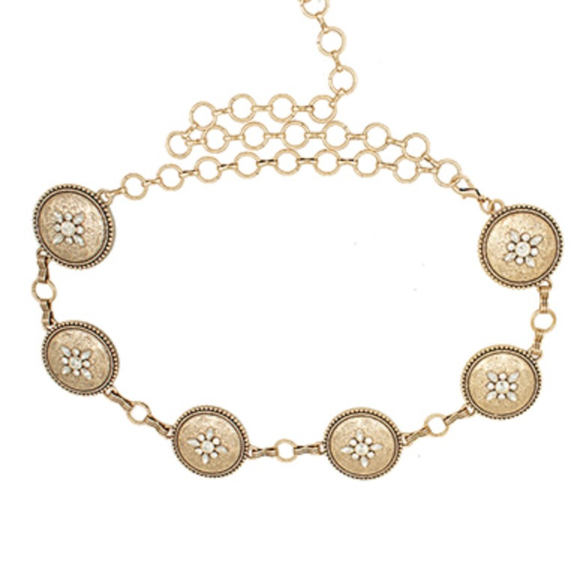Elevate your look with this stunning Gold Rhinestone Belt from Golden Stella. Featuring a classic chain link design adorned with sparkling rhinestone accents, this belt adds instant glamour to any outfit. Perfect for dressing up casual wear or completing a sophisticated ensemble, the luxurious gold finish and eye-catching embellishments make it a versatile accessory for any occasion. A timeless piece that brings elegance and shine to your wardrobe.