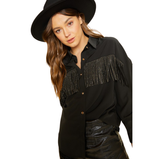 This black Rhinestone Fringe Trim Blouse features an elegant fringe with embedded rhinestones and long sleeves. The button-up design ensures a secure and flattering fit, making it the perfect piece for formal occasions.