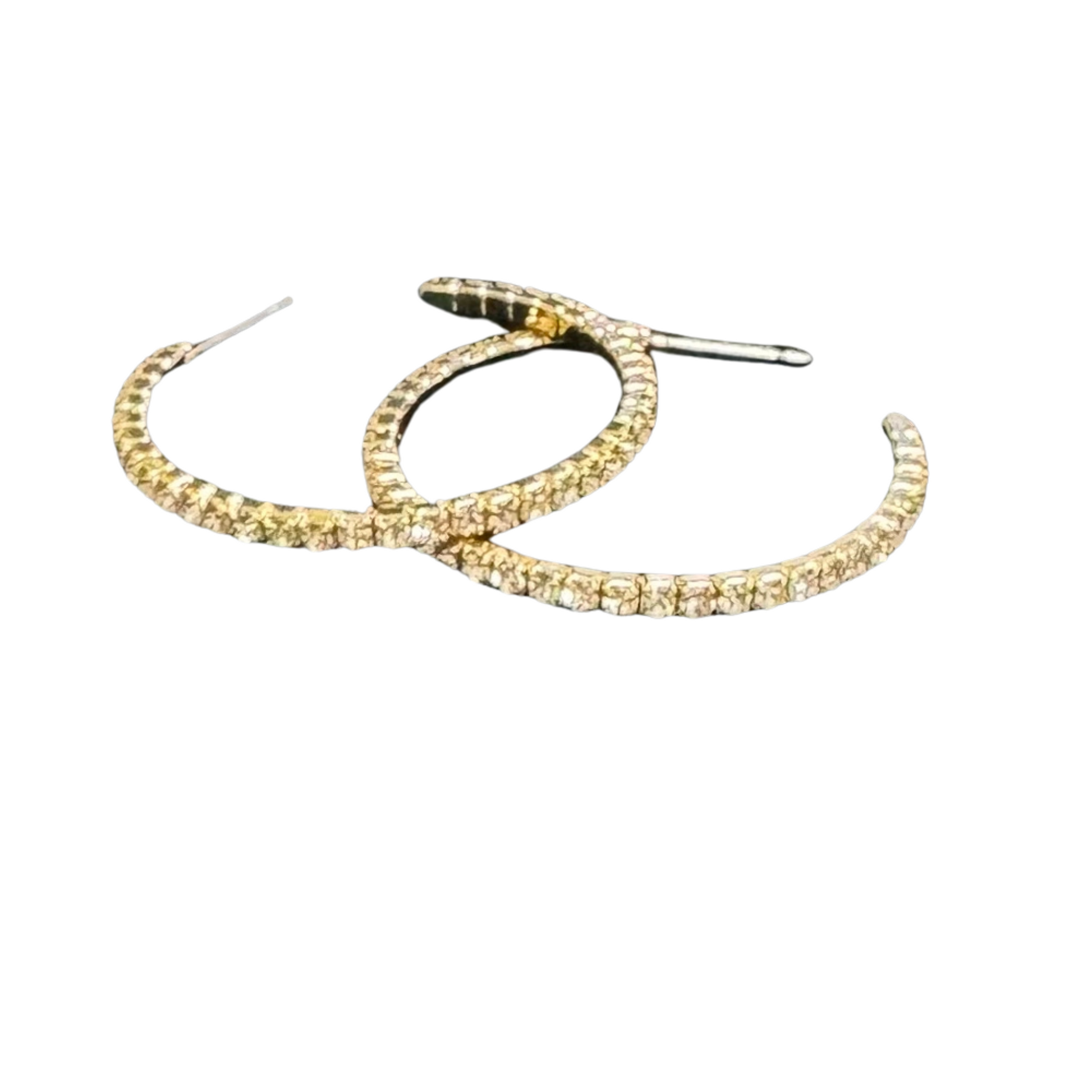 Enhance your outfit with these Rhinestone Hoop Earrings by Crystal Avenue. These medium hoop earrings are lined with golden rhinestones, adding a touch of elegance and sparkle to any look. Perfect for formal occasions or everyday wear.