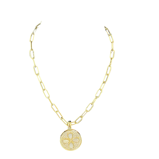 Elegant short necklace featuring lustrous mother of pearl accents and sparkling rhinestones set in gold-tone metal. Perfect for layering or wearing solo, this piece adds a touch of sophistication to any outfit. The delicate design catches light beautifully, making it an ideal accessory for both everyday wear and special occasions.