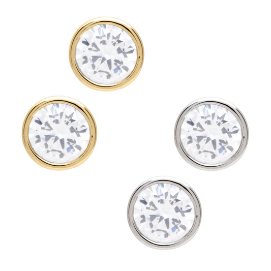 small round crystal stud earrings. available in silver and gold