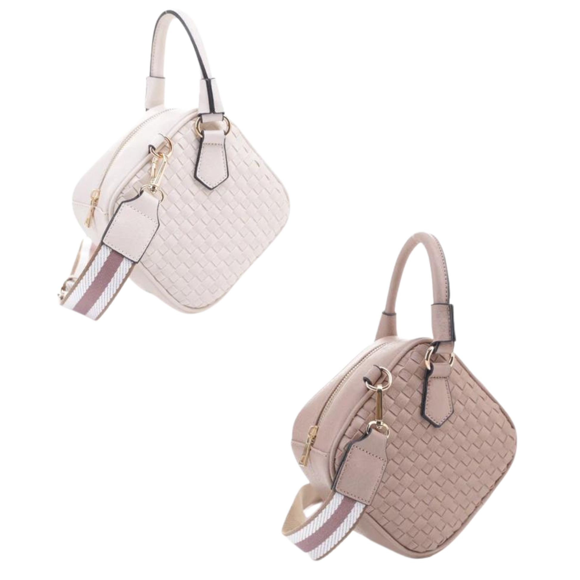 This small, woven purse is the perfect piece for a fashionable, professional look. Its light taupe and beige colors create a soft, subtle yet sophisticated look. It's perfect for any evening or day-to-day look.