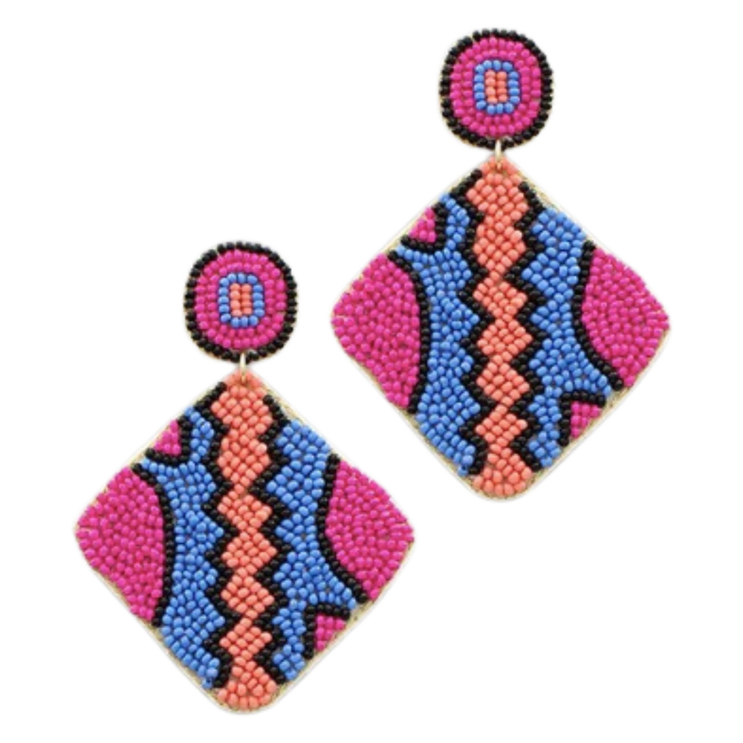 These Inda Rhombus Earrings feature a vibrant tribal design in a unique rhombus shape. The dangle design adds movement and interest to these colorful earrings. Enhance your style with these multicolor earrings that will surely make a statement.