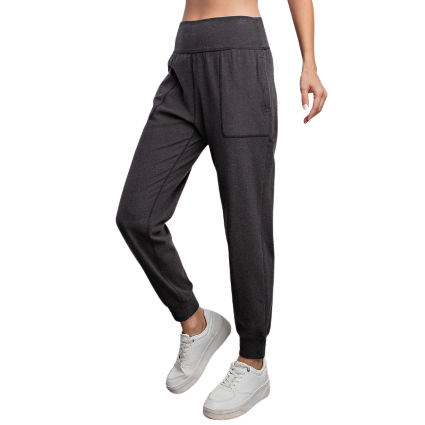 Expertly crafted with 1X1 rib brushed fabric, these full length jogger pants offer both style and comfort. With a high waist and pockets, they are perfect for any occasion. Available in classic black for a sleek and versatile look.