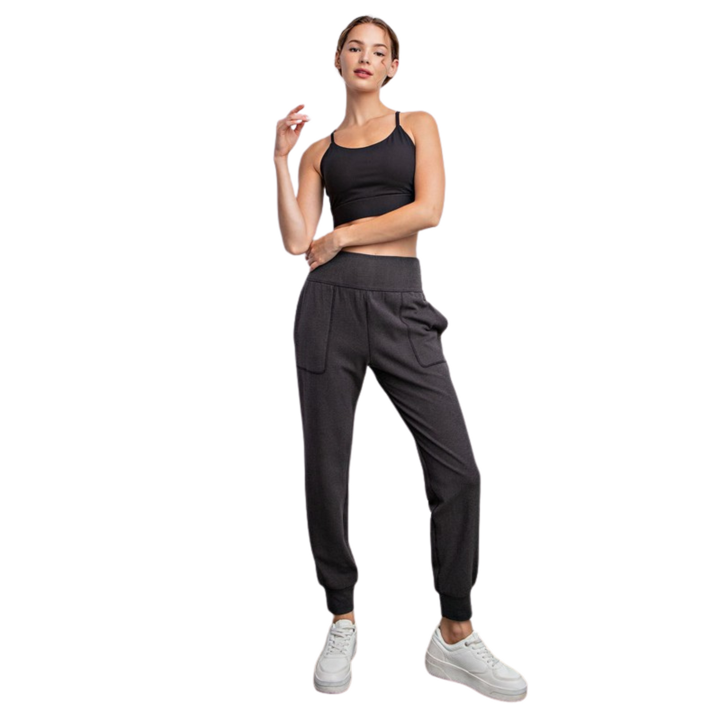 Expertly crafted with 1X1 rib brushed fabric, these full length jogger pants offer both style and comfort. With a high waist and pockets, they are perfect for any occasion. Available in classic black for a sleek and versatile look.