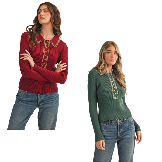 Elevate your everyday wardrobe with this collared ribbed sweater from &amp;Merci. Crafted from quality ribbed knit fabric, this long-sleeve piece offers a refined silhouette with thoughtful contrast stitching that adds visual interest and dimension. The structured collar and fitted ribbed construction create a polished look suitable for both professional and casual settings. A versatile essential that pairs effortlessly with tailored trousers, denim, or layered pieces for year-round styling. Available in hu