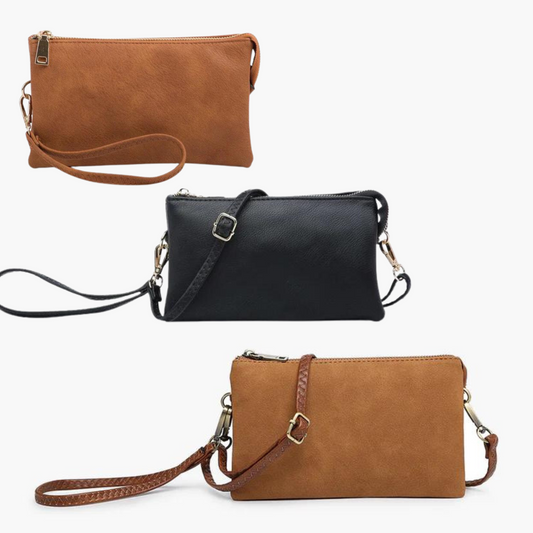 Riley crossbody bag. Available in camel, black, or suede camel