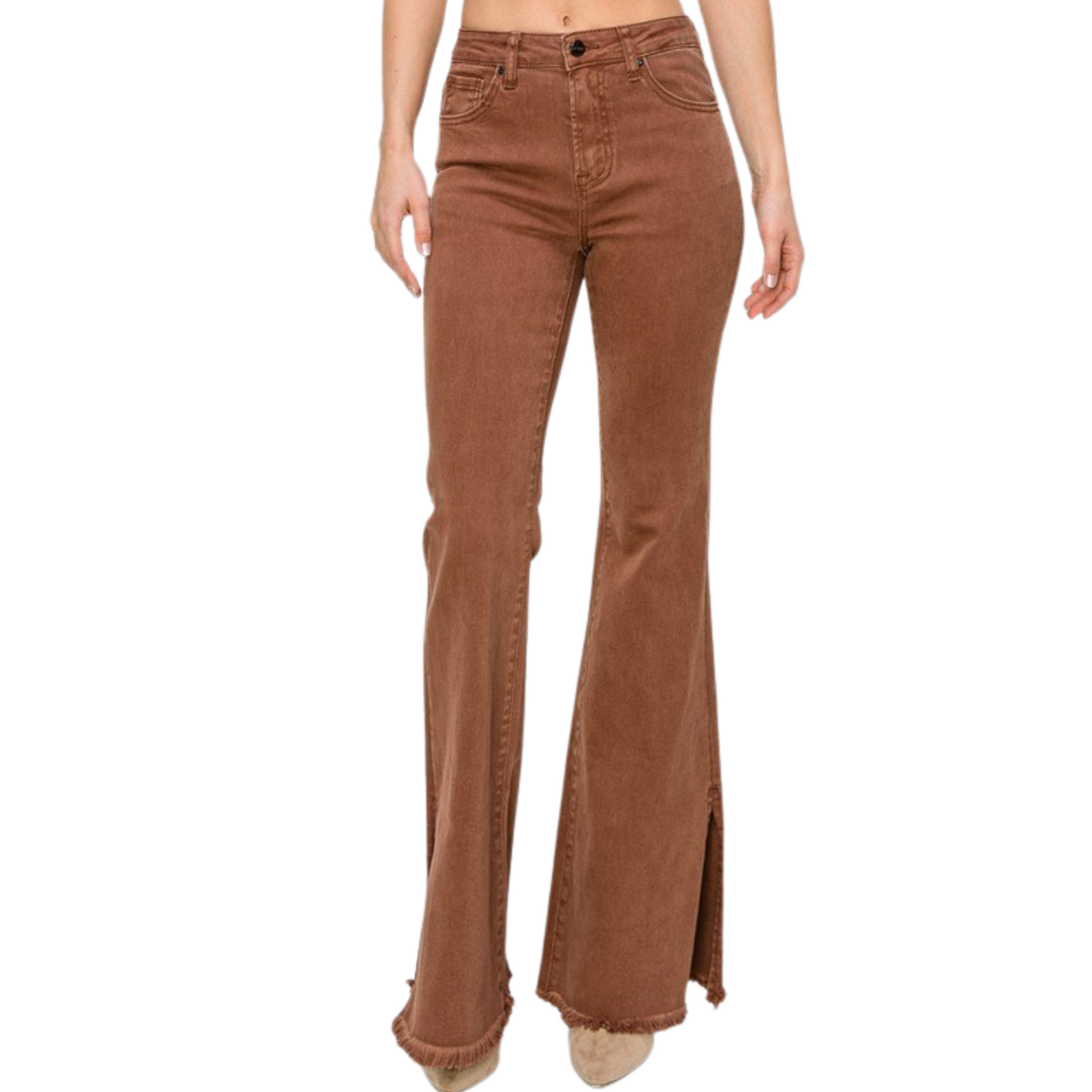 "These High Rise Side Split Flares by Risen offer a sophisticated look in an espresso color. The side slit adds stylish detail while the flare cut elongates and flatters the legs. Expertly crafted for a high-quality finish, perfect for any occasion."