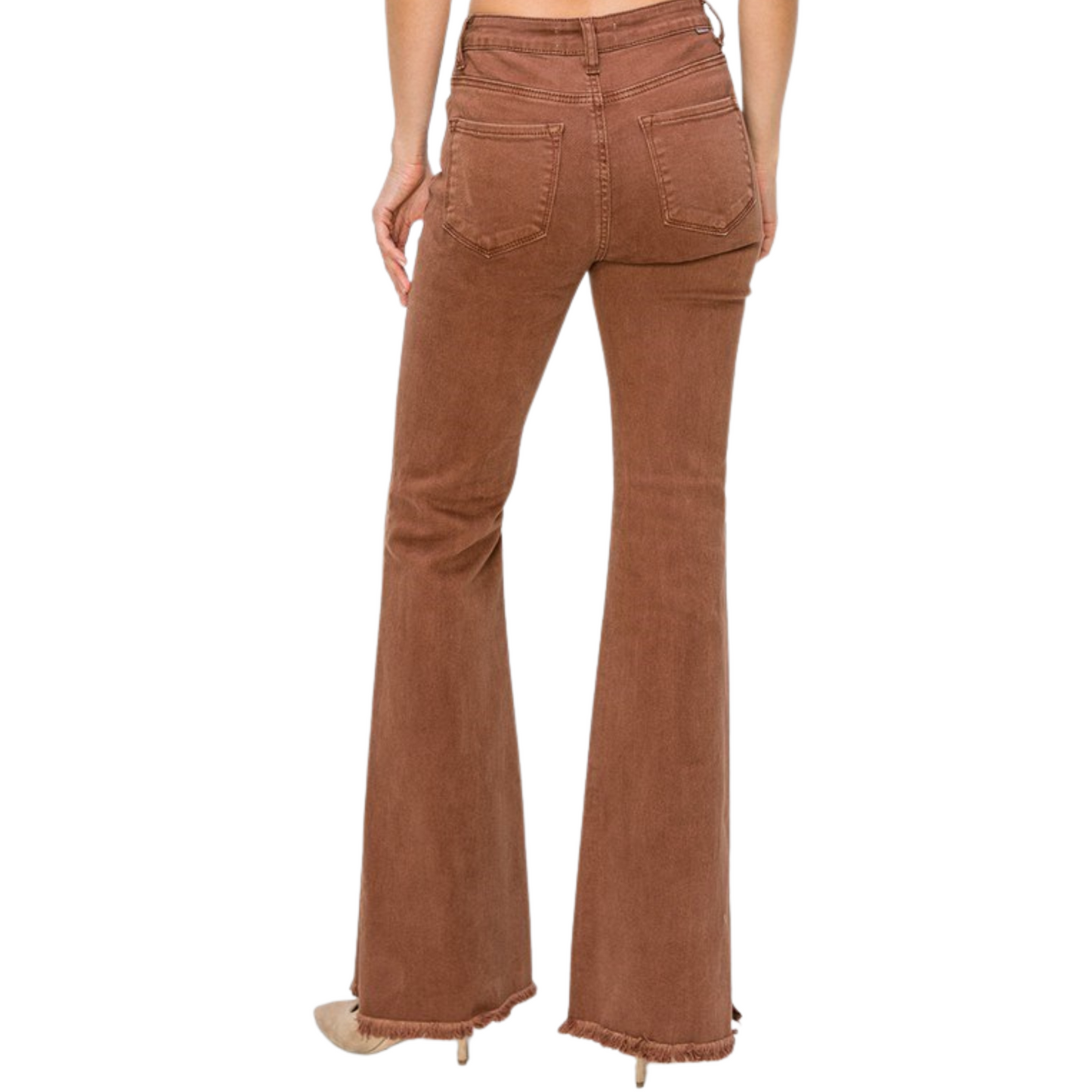 "These High Rise Side Split Flares by Risen offer a sophisticated look in an espresso color. The side slit adds stylish detail while the flare cut elongates and flatters the legs. Expertly crafted for a high-quality finish, perfect for any occasion."