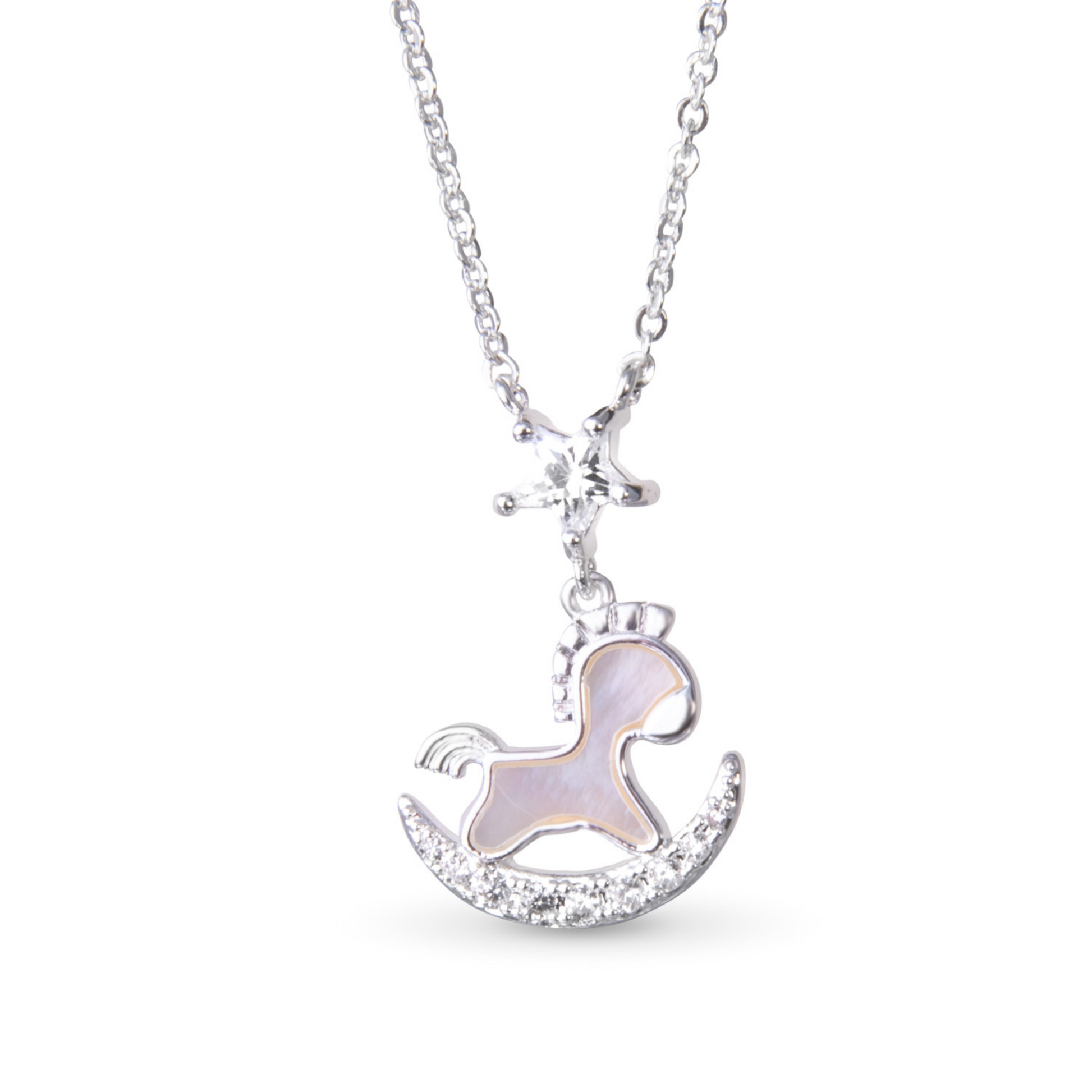 This elegant silver necklace features a unique rocking horse design, complete with genuine mother of pearl accents. Its delicate craftsmanship and timeless charm make it the perfect gift for any horse lover or jewelry enthusiast. Elevate your style with this exquisite piece.