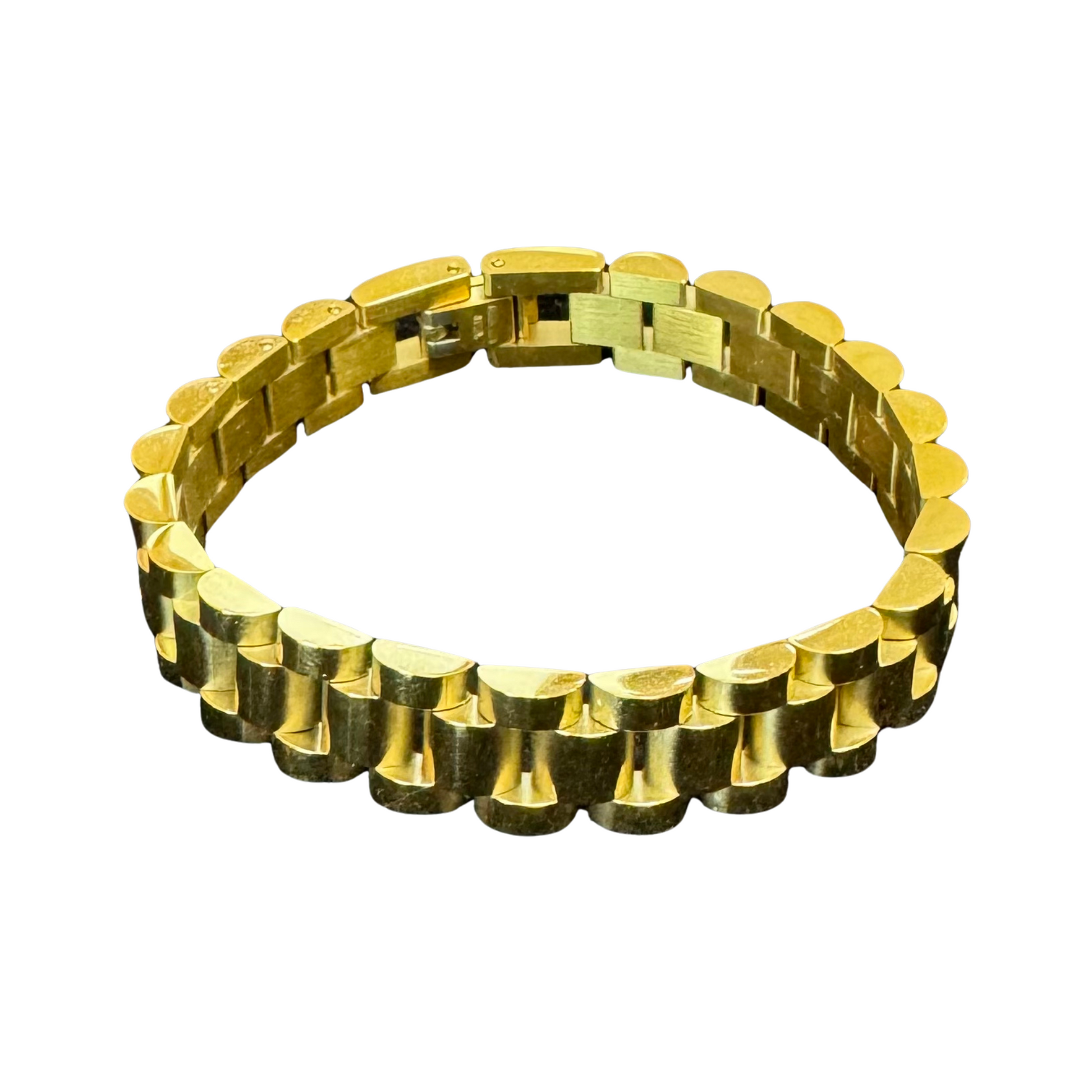 Crafted with luxurious gold, this Rolex-inspired bracelet is the perfect accessory for any watch lover. The clasp closure ensures a secure fit while the watchband style adds a touch of sophistication. Elevate your style with this timeless piece.