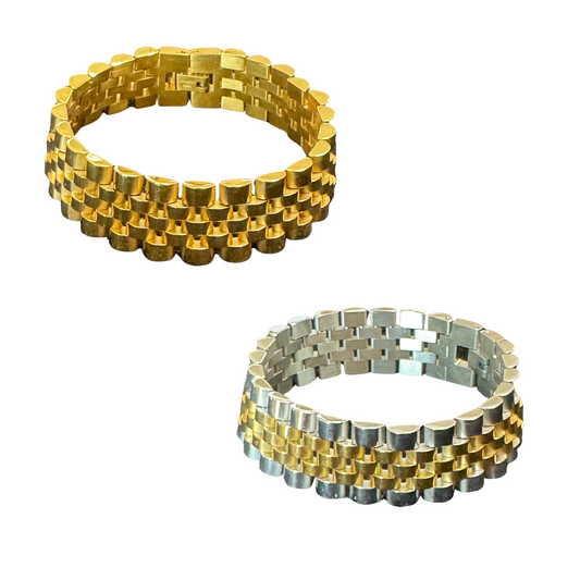 This beautifully crafted Rolex inspired bracelet features a sophisticated chain link design in either gold or a combination of gold and silver. With a secure clasp closure, this elegant accessory is perfect for adding a touch of luxury to any outfit.