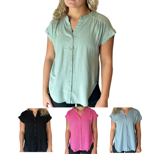 This lightweight, Rolled Sleeve Woven Top features a V-neck and short, button-up sleeves. The perfect addition to any casual-chic wardrobe, it comes in 4 colors - black, dusty blue, sage and light fuchsia.