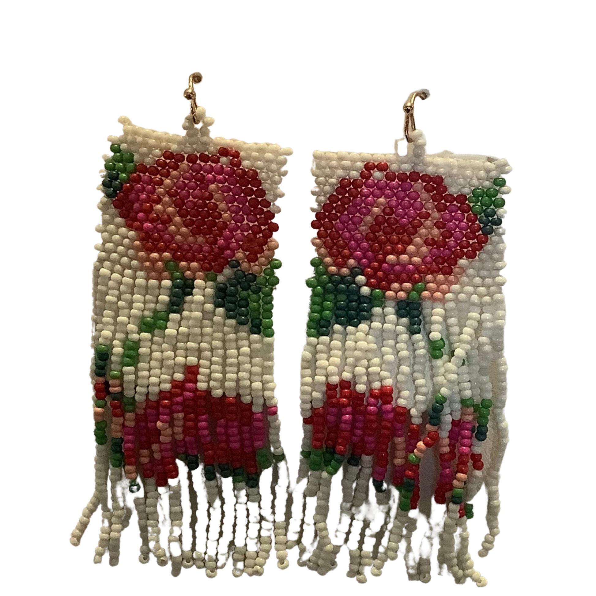 These Beaded Rose Dangle Earrings feature a unique beaded design with a rose pattern, crafted using delicate stands of beads. A chic and elegant touch, these earrings will add style and sophistication to any look.