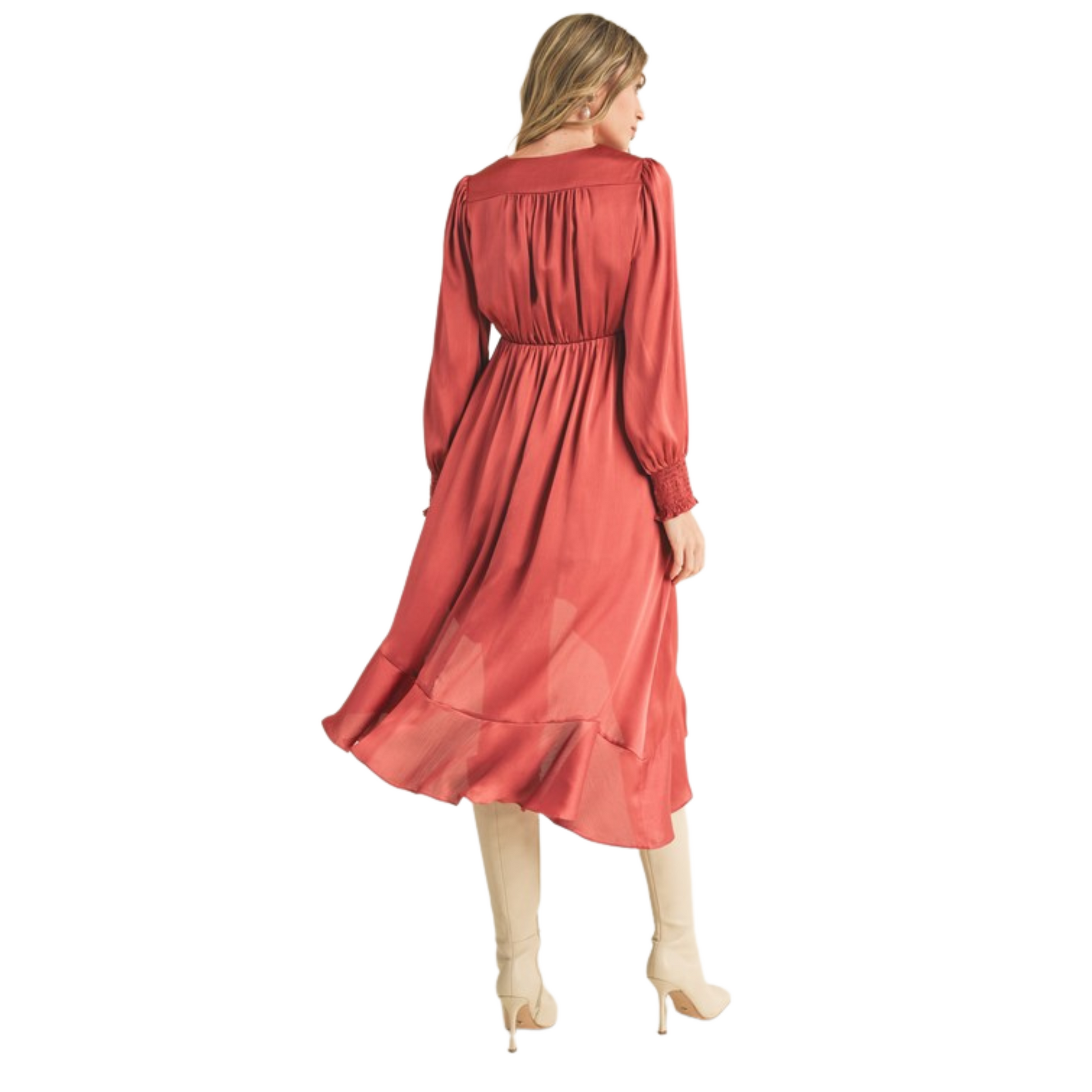 Look stunning in this ruffled hi-low midi dress crafted from a satin effect fabric with a flattering surplice neckline, long puff sleeves with smocked cuffs, and ruffle trim for a feminine finish. The high-low hem adds a timeless touch in the sophisticated rose vale color.