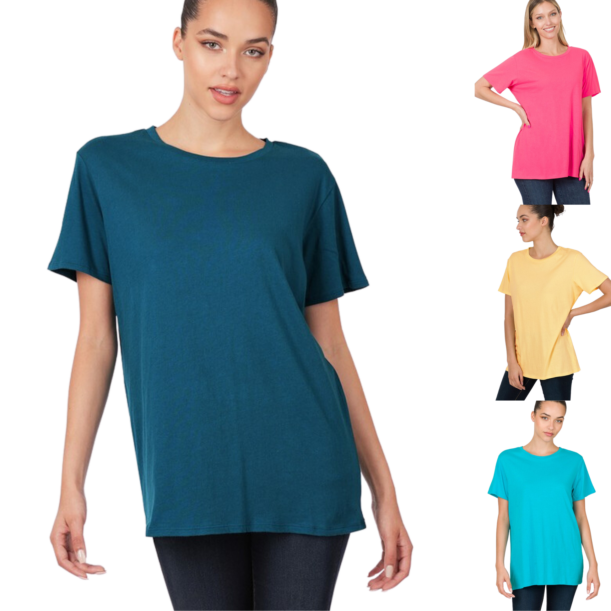 Featuring a basic round neck design, the Boyfriend Round Neck Tee is crafted from soft cotton and comes in four eye-catching colors: teal, ice blue, fuchsia and banana. Its relaxed fit makes it a versatile piece that works perfectly both in casual and dressier settings