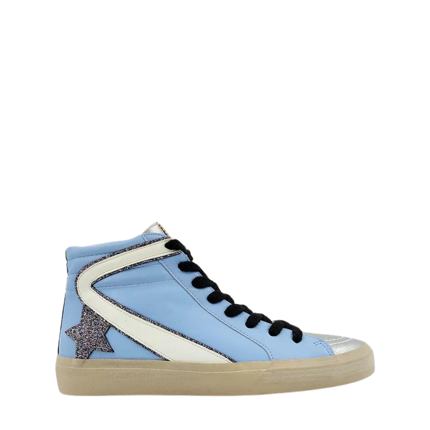 Roxanne is a stylish shushop brand sneaker, with a light blue finish and dark grey rhinestone star. Its high-quality construction and subtle design make it an ideal choice for any fashion enthusiast.