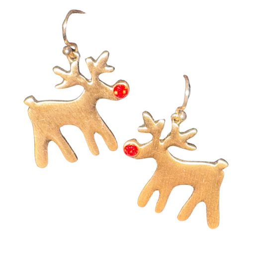 Add a touch of holiday cheer with our Rudolph Dangle Earrings. Crafted with gold and featuring a red gem nose, these reindeer-shaped earrings are the perfect accessory for Christmas festivities. Their dainty dangle design adds a playful touch to any outfit.