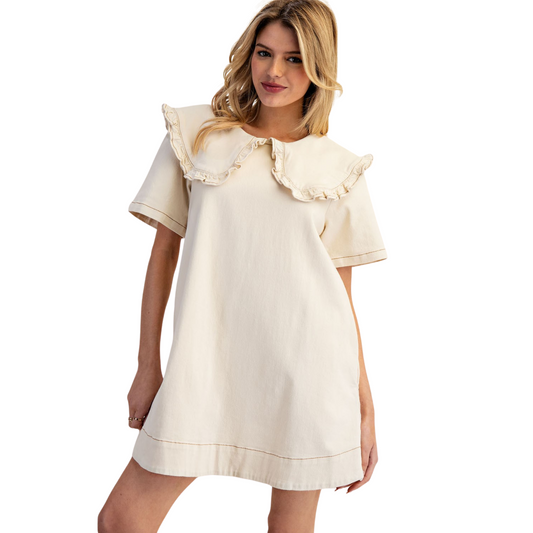 Elevate your wardrobe with this oatmeal-colored mini dress featuring a structured collar and delicate ruffle detailing. Designed for a refined yet playful look, its tailored silhouette offers a flattering fit ideal for both casual outings and special occasions. The soft hue and quality fabric ensure versatile styling options that suit a range of settings with expert ease.