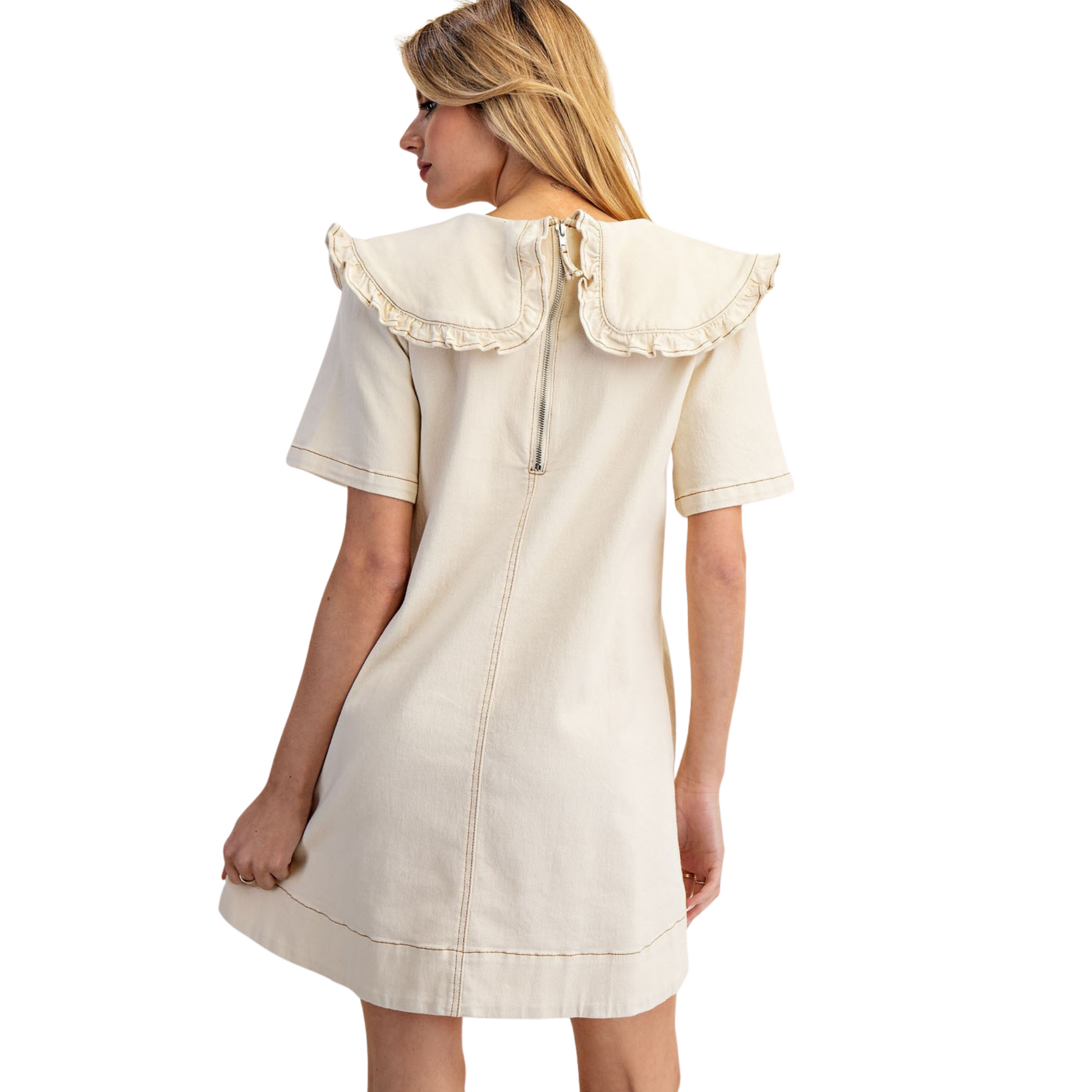 Elevate your wardrobe with this oatmeal-colored mini dress featuring a structured collar and delicate ruffle detailing. Designed for a refined yet playful look, its tailored silhouette offers a flattering fit ideal for both casual outings and special occasions. The soft hue and quality fabric ensure versatile styling options that suit a range of settings with expert ease.