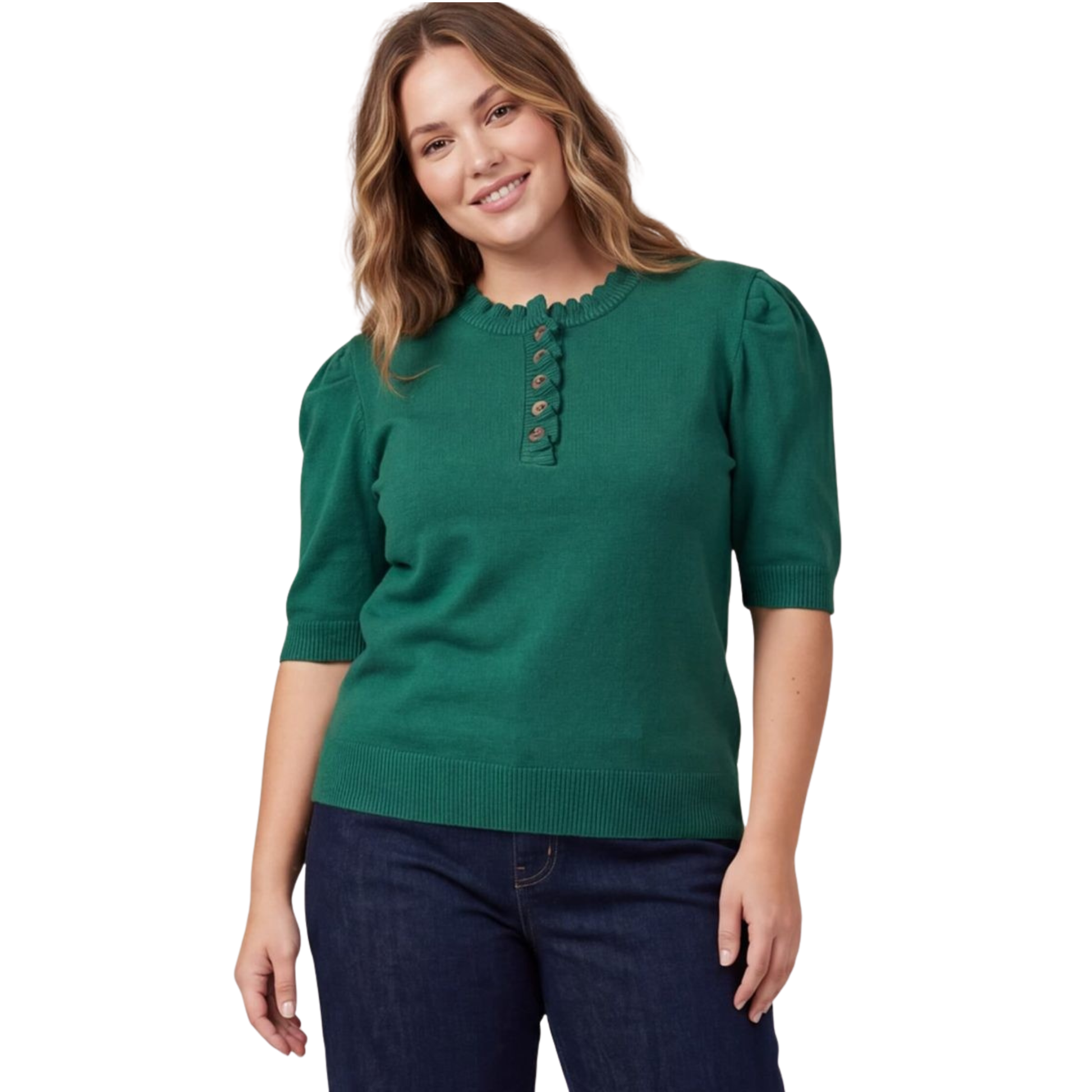 Elevate your casual wardrobe with this charming She+Sky ruffled neck sweater top in sea green. The short sleeve design offers comfort and style, while the delicate ruffle detailing at the neckline adds a feminine touch. Crafted for plus-size figures, this sweater provides a flattering fit that celebrates your body. Perfect for layering or wearing solo, it's an easy go-to piece for any season.