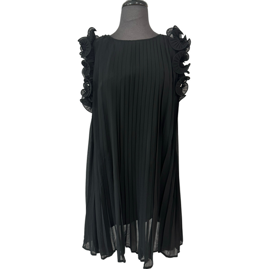 This black midi dress features a pleated design and ruffle sleeves, creating a elegant and feminine look. The midi length offers versatility, making it suitable for various occasions. A must-have wardrobe staple for any woman seeking a sophisticated and timeless style.