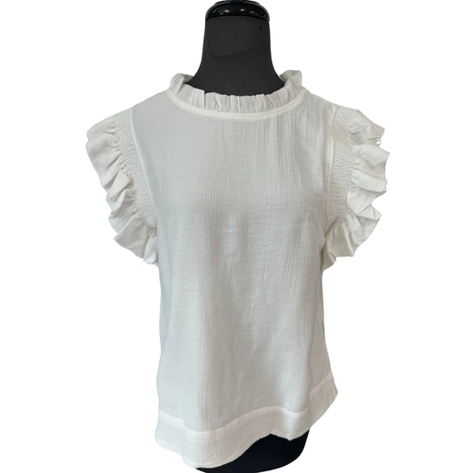 This off white top features elegant ruffle sleeves, adding a touch of sophistication to any outfit. The versatile color and unique design make it a must-have for any fashion-forward wardrobe. Made from high-quality fabric, it is perfect for achieving a polished and stylish look.