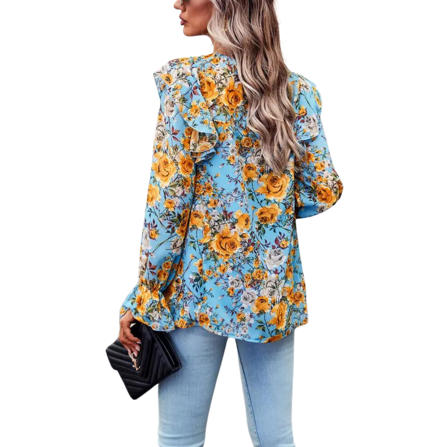 This Floral Print Ruffle Trimmed Top is a beautiful and stylish addition to any wardrobe. The top features long sleeves with a bright floral print, a smocked neck, and ruffle trim. With its flattering design and beautiful colors, this top will lend a touch of femininity to any outfit.