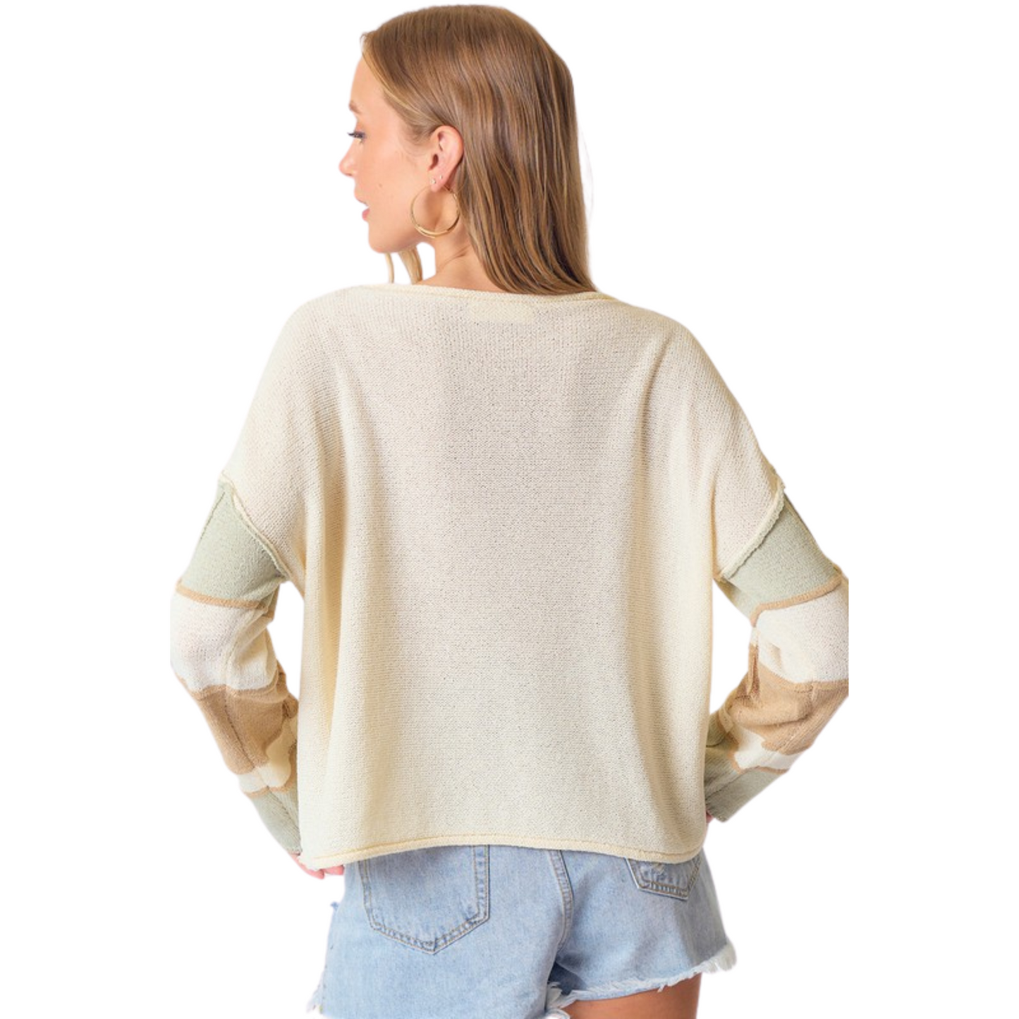 Boat neck color block sweater in ivory and sage