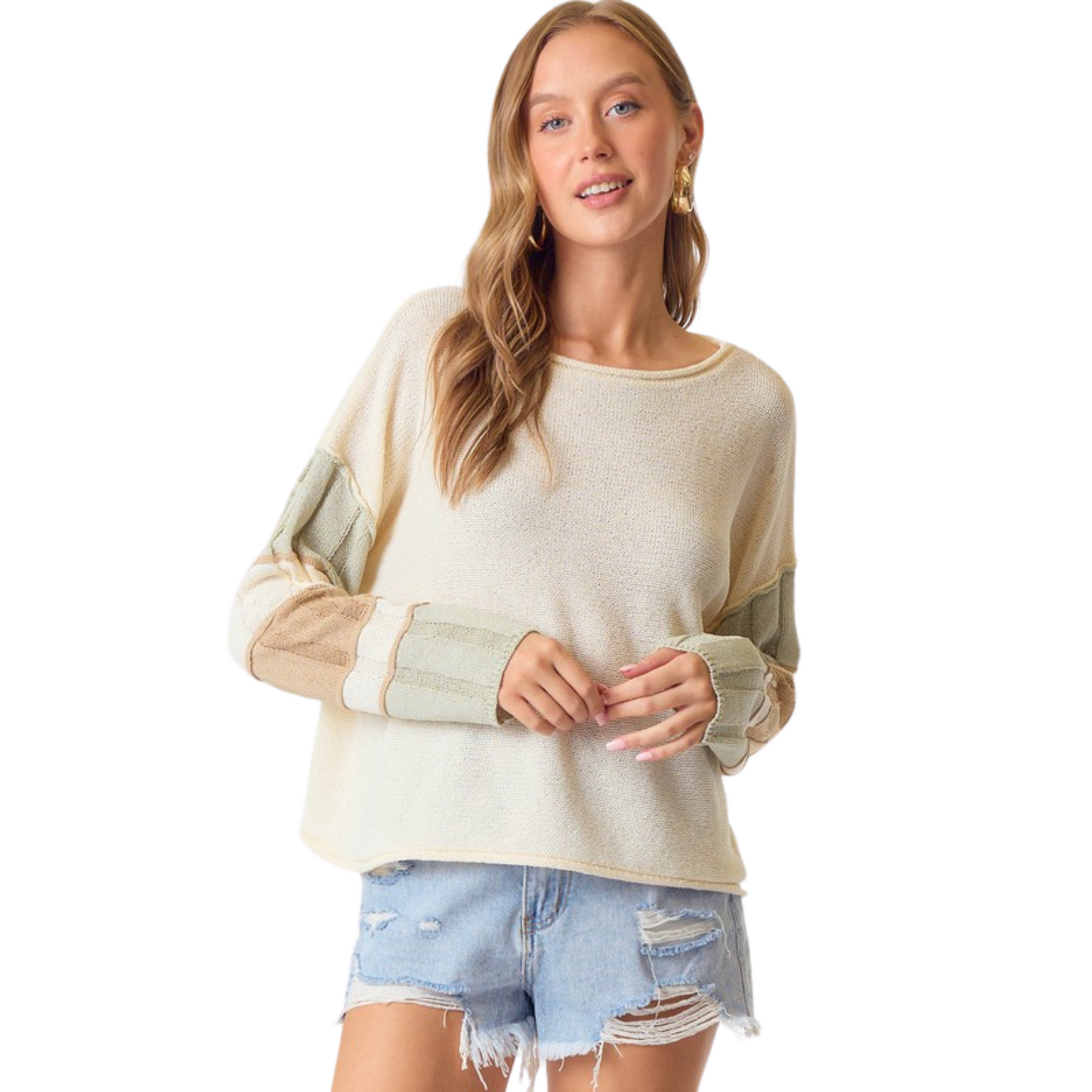 Boat Neck color block sweater in ivory and sage