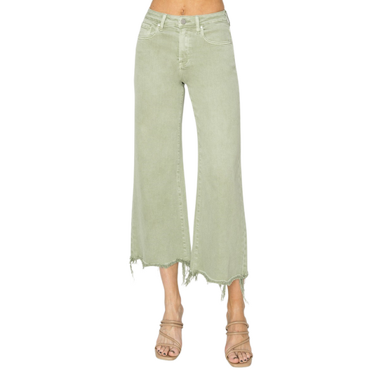 Enhance your wardrobe with our High Rise Cropped Pants in sage, featuring a raw hem and wide leg for a modern touch. Crafted by the reliable Risen brand, these pants are a must-have for any fashion-forward individual. Elevate your style with these on-trend cropped pants.