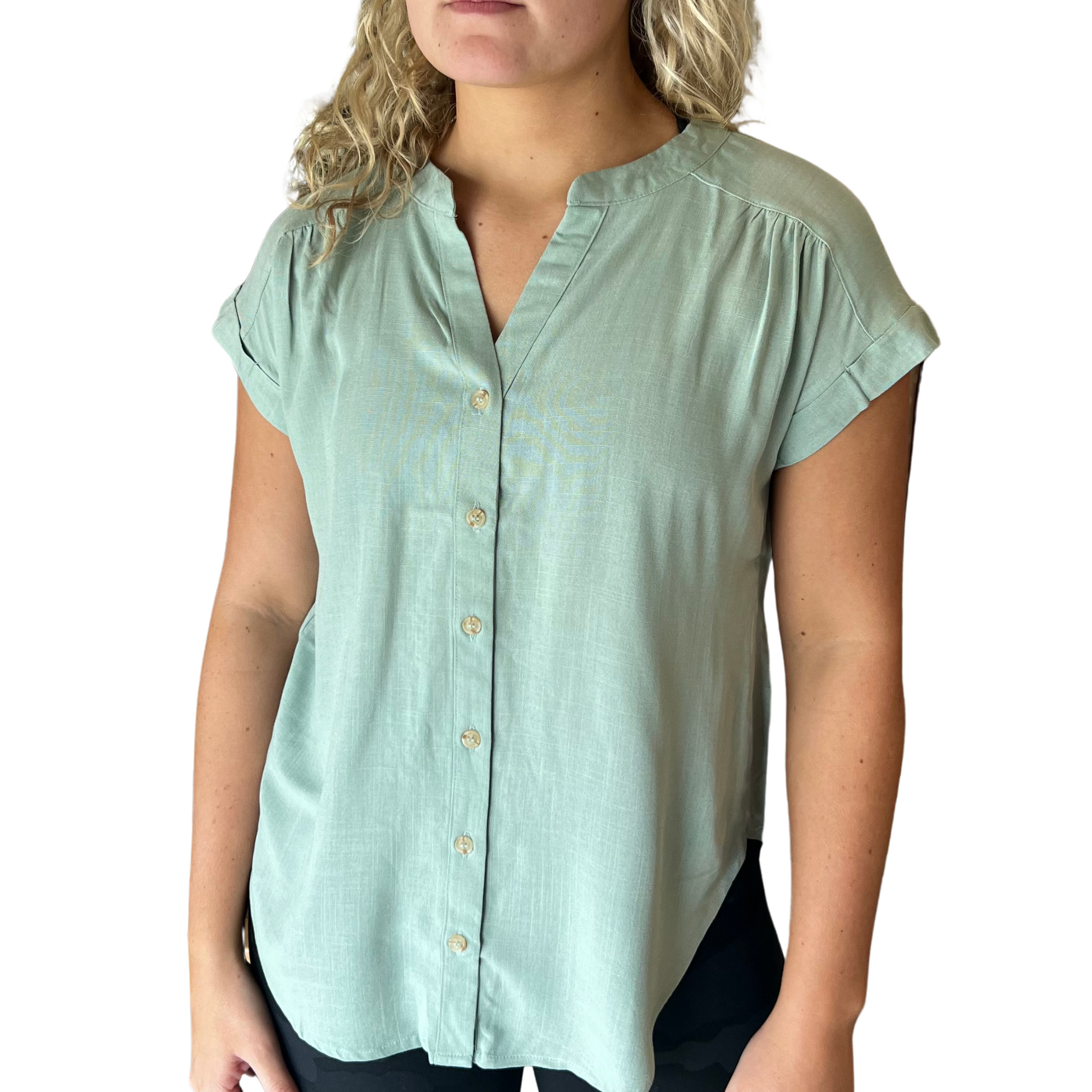 Rolled Sleeve woven top in sage