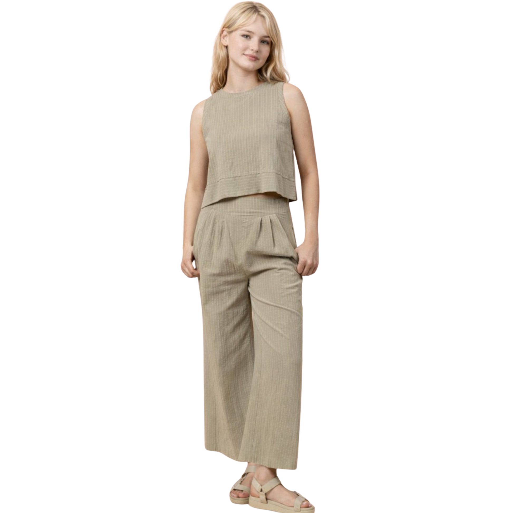 Woven Linen Sleeveless Top and Bottom Set in Sage Stripe